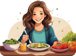 Graphic image of a women smiling with a plate full of food and a fork in hand about to eat vegetables