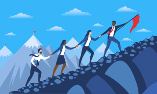 A drawing of people holding hands heading up a mountain holding a red flag. Mountains in the background with red flags atop them.