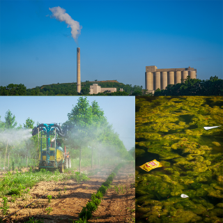 top photo shows a smokestack emitting smoke into the air, bottom left photo shows a tractor applying pesticides to crops, bottom right photo shows algae and trash floating in water