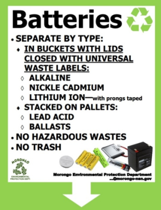 Batteries poster telling people to separate batteries by type and other tips.