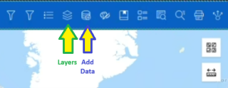 Screenshot identifies two buttons. The fourth from the left is "layers" and fifth from the left is "add data."