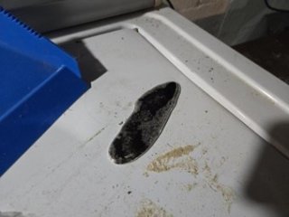 Pooled elemental mercury on a household appliance.