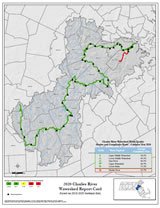 Map identifying water quality grades and compliance rates in the Charles River Watershed for the 2020 calendar year.