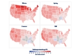 Map showing change in average temperature for each season for the contiguous 48 states from 1896 to 2021.