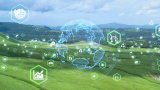 Landscape with environmental data icons overlaid