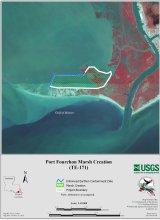 A map of the Bayou Lafourche area, with the Port Fourchon Marsh Creation project area outlined in white and filled with green cross-hatching.