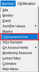 screenshot highlighting the concurrence indicator option from the AQS menu