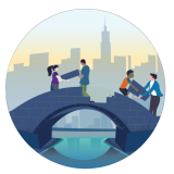 Animated drawing of a bridge with four people standing on it trying to repair the whole in the middle. There is a backdrop of a cityscape.