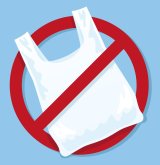 This is a drawing of a white plastic bag with a red circle around it and red slash mark through it indicating plastic bags are banned.