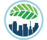 Graphic of a fractal leaf over a city skyline