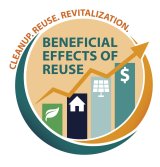 The text reads: Cleanup. Reuse. Revitalization. Beneficial Effects of Reuse. The graphic includes bars of increasing size from left to right with icons of a leaf, a house, a solar panel and a dollar symbol. Above them, an arrow follows the top of the bars, pointing up to the right to indicate increase.