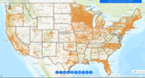A thumbnail showing what the Re-Powering Mapper looks like. It shows a map of the United States with orange dots showing locations of contaminated lands, landfills and mine sites for renewable energy development.